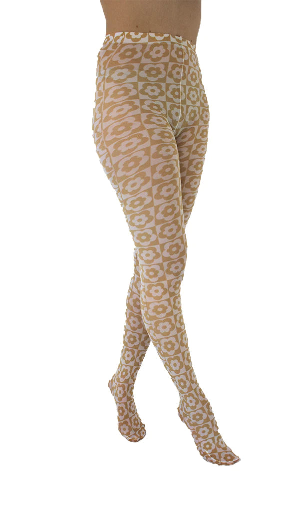 PM Floral Checkerboard Tights - Beige/White — billede 2 af 4