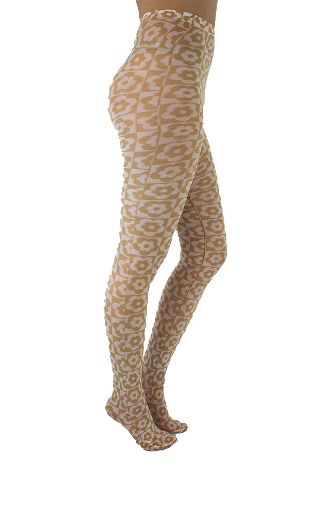PM Floral Checkerboard Tights - Beige/White — billede 3 af 4
