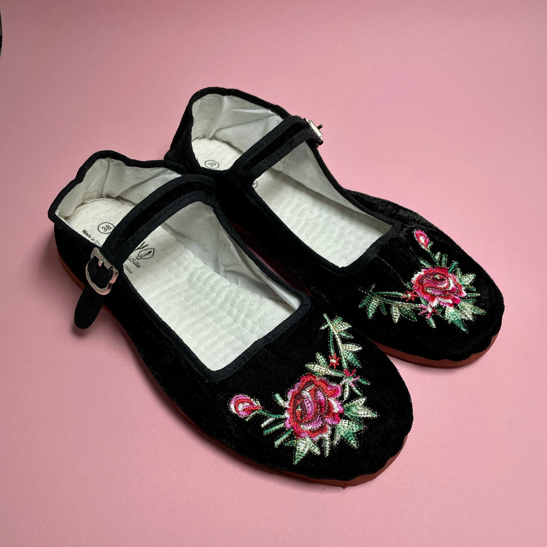 Velvet Embroidered Mary Jane - Black