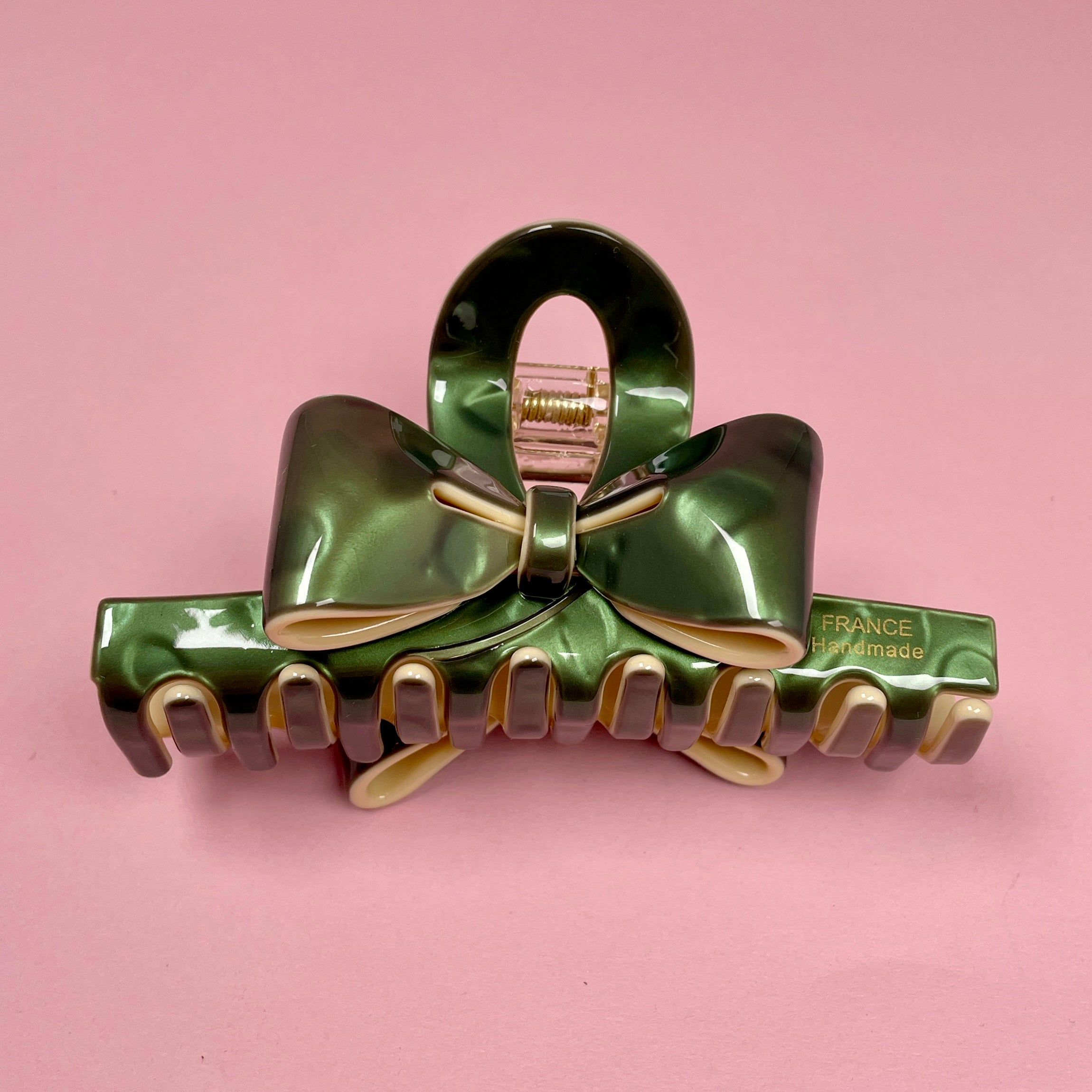 Hair Clip with Bow - Moss Green/Cream