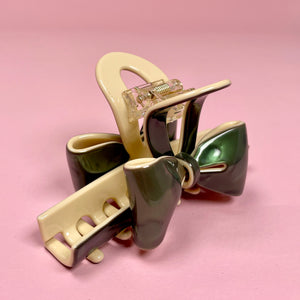 Hair Clip with Bow - Moss Green/Cream