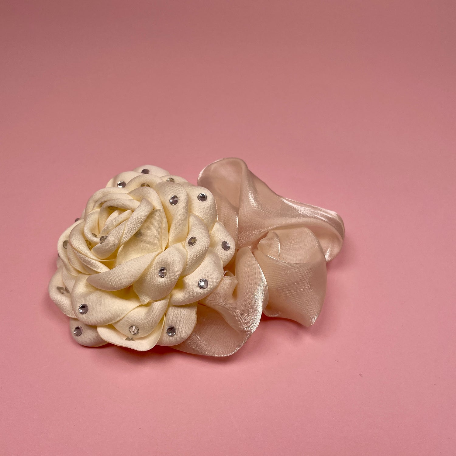 Rhinestone Rose Scrunchie - White