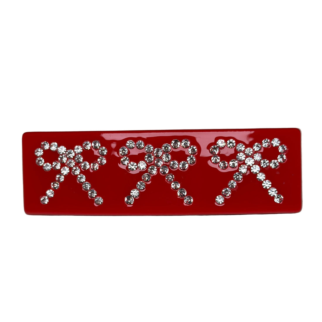 Barrette Hair Clip - Red With Rhinestone Bows