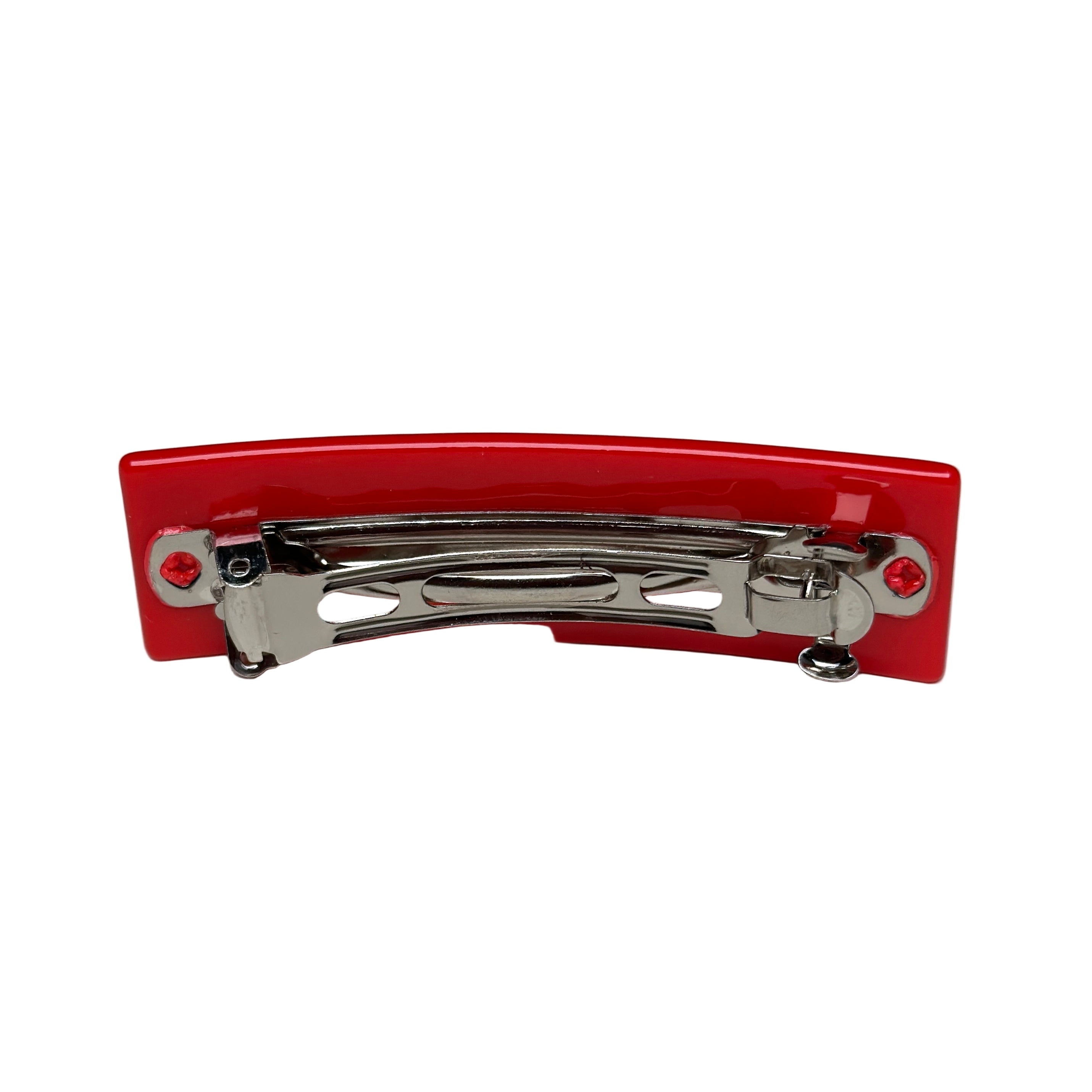 Barrette Hair Clip - Red With Rhinestone Bows