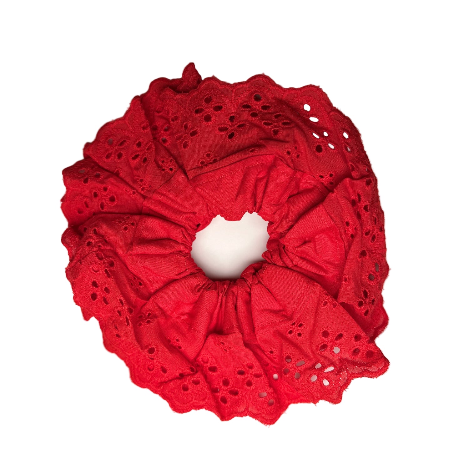 Broderie Anglaise Trim Scrunchie - Red