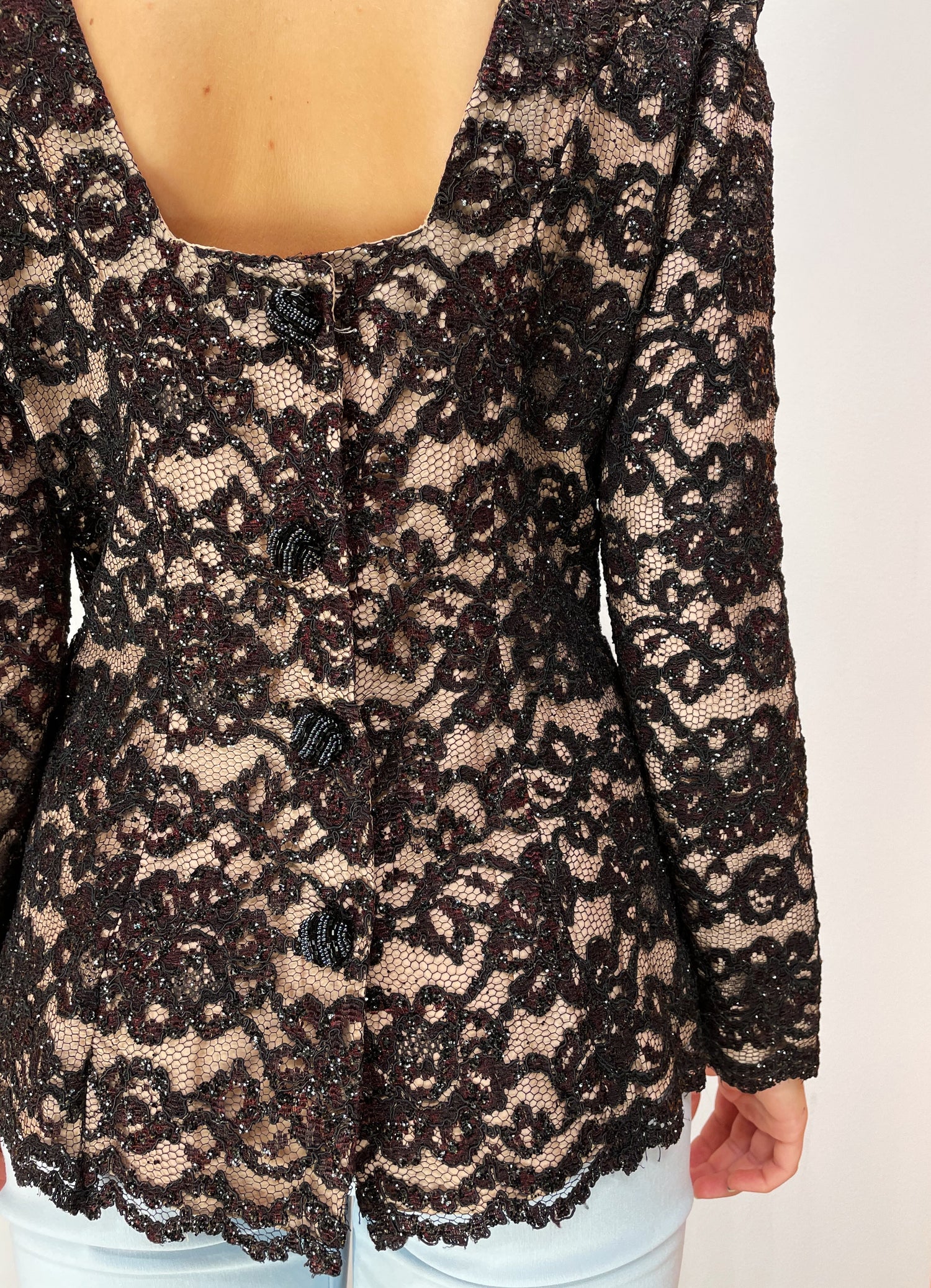 Vintage glitterbluse i blomstret blonde