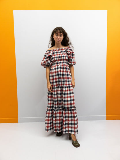 Off Shoulder Smock Dress - Rød/Sort/Hvide Tern