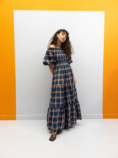 Off Shoulder Smock Dress - Blå/Brune Tern