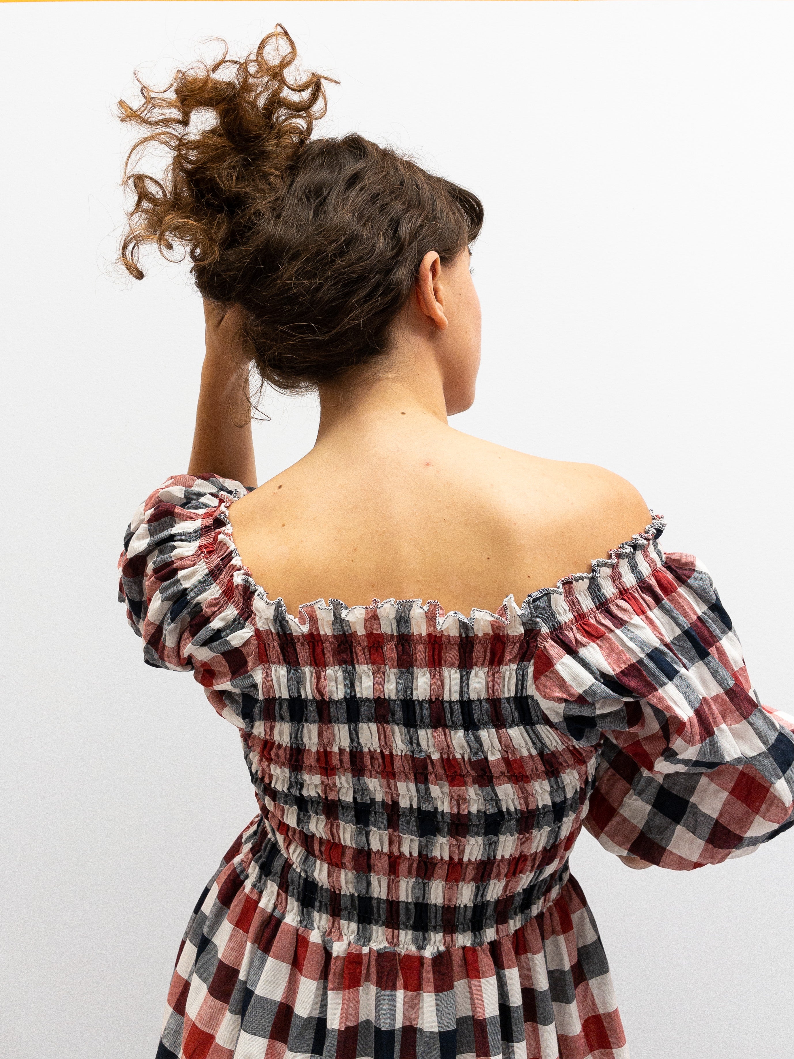 Off Shoulder Smock Dress - Rød/Sort/Hvide Tern