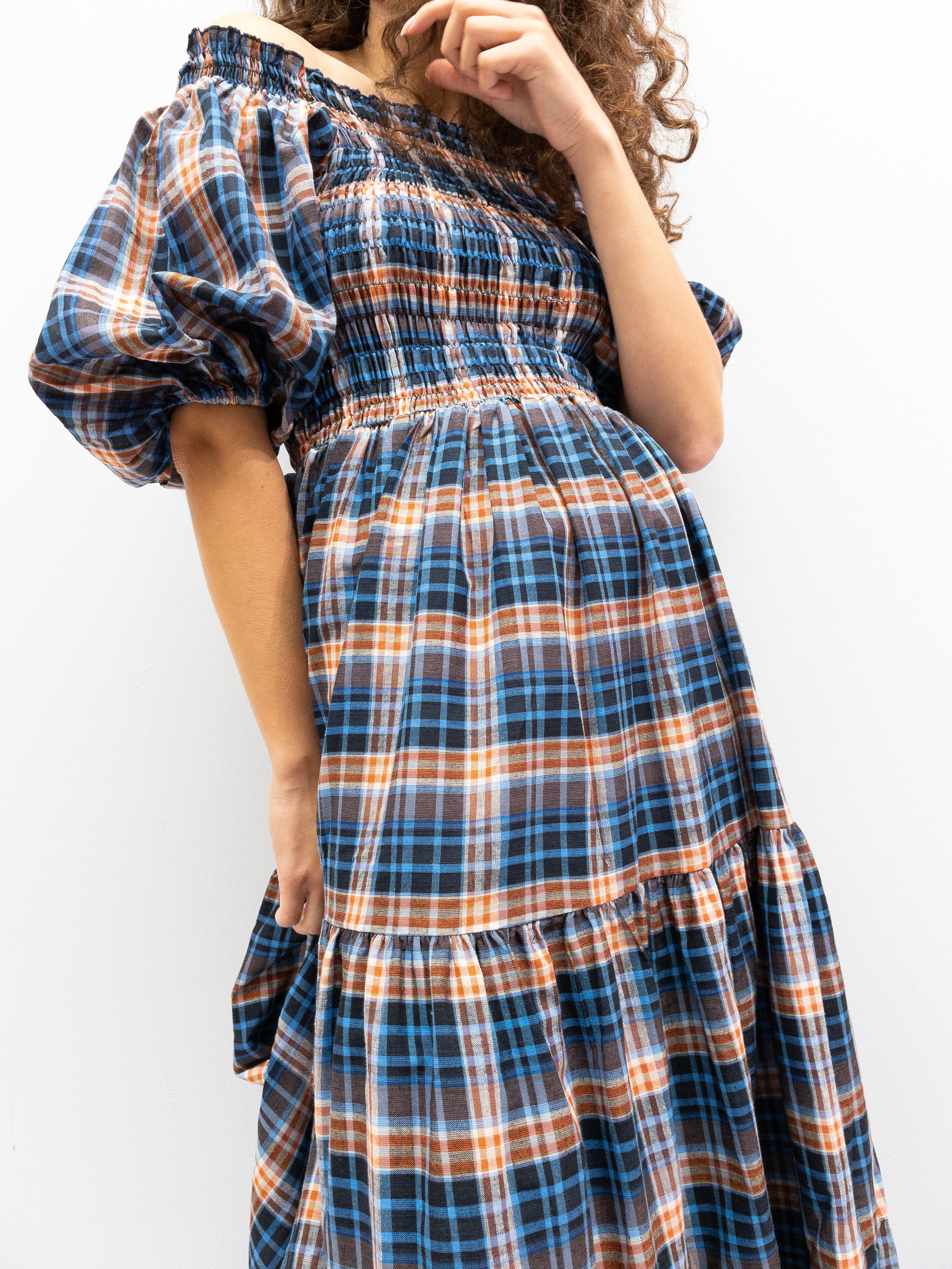 Off Shoulder Smock Dress - Blå/Brune Tern