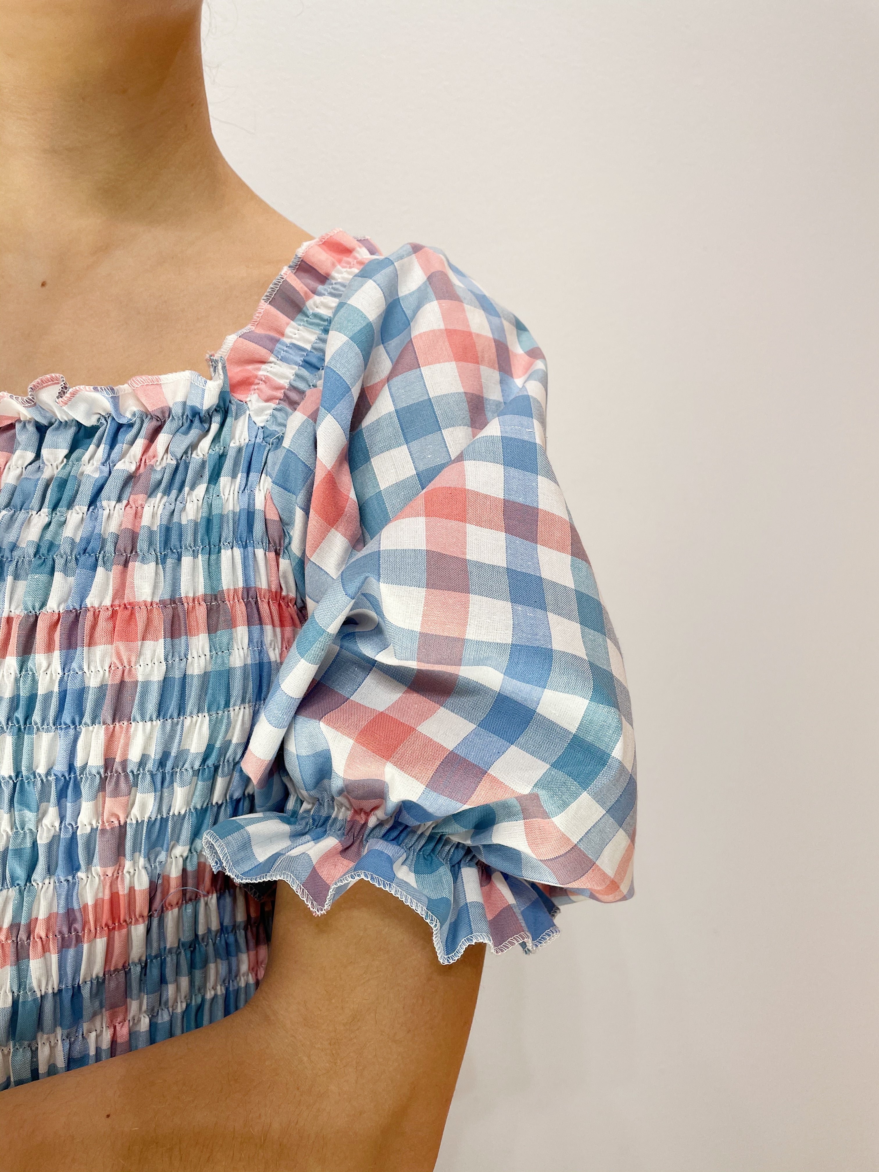 Off Shoulder Smock Dress - Blå/ Lyserød/ Hvid Tern
