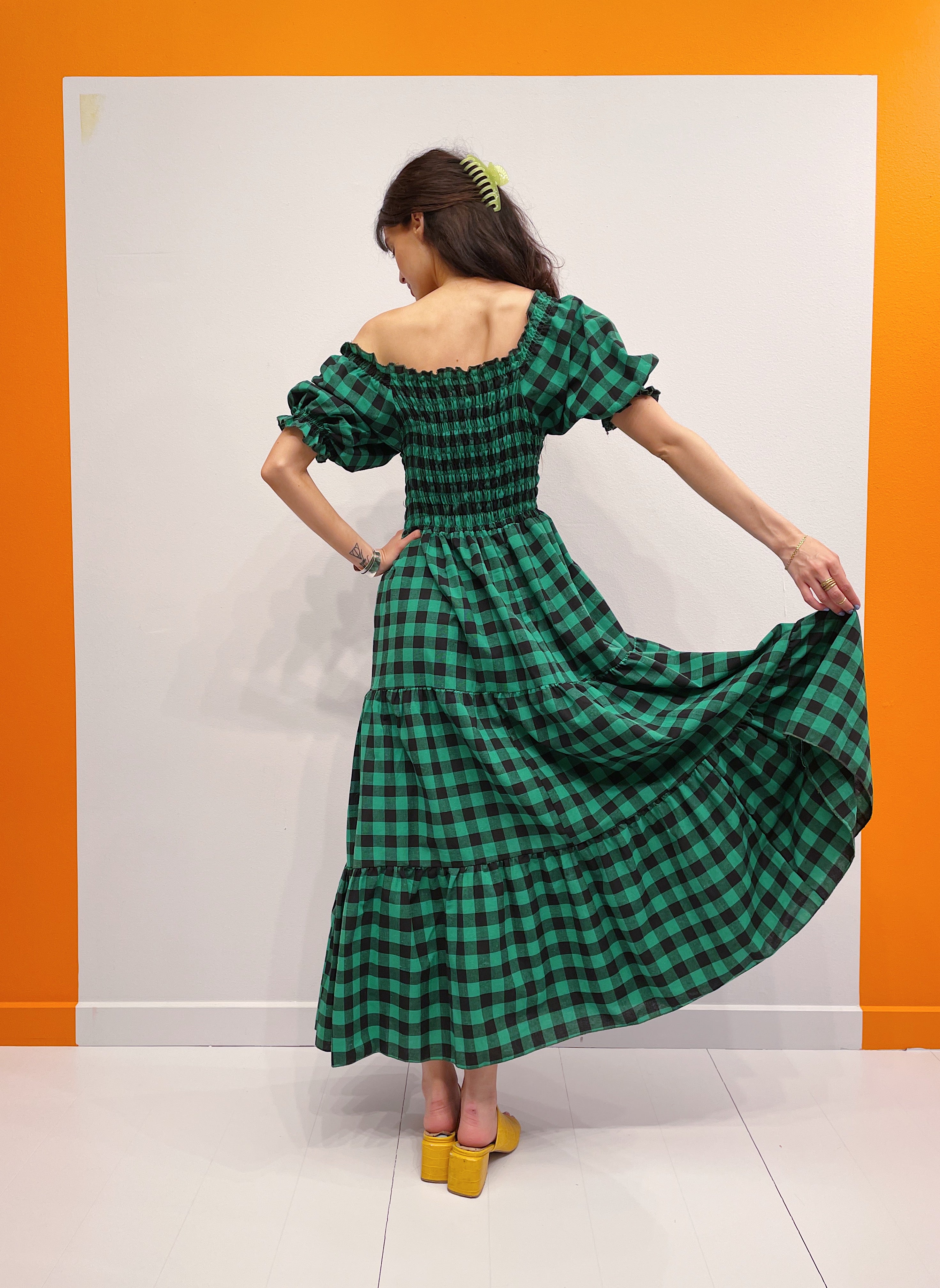 Off Shoulder Smock Dress - Grøn/Sort Tern