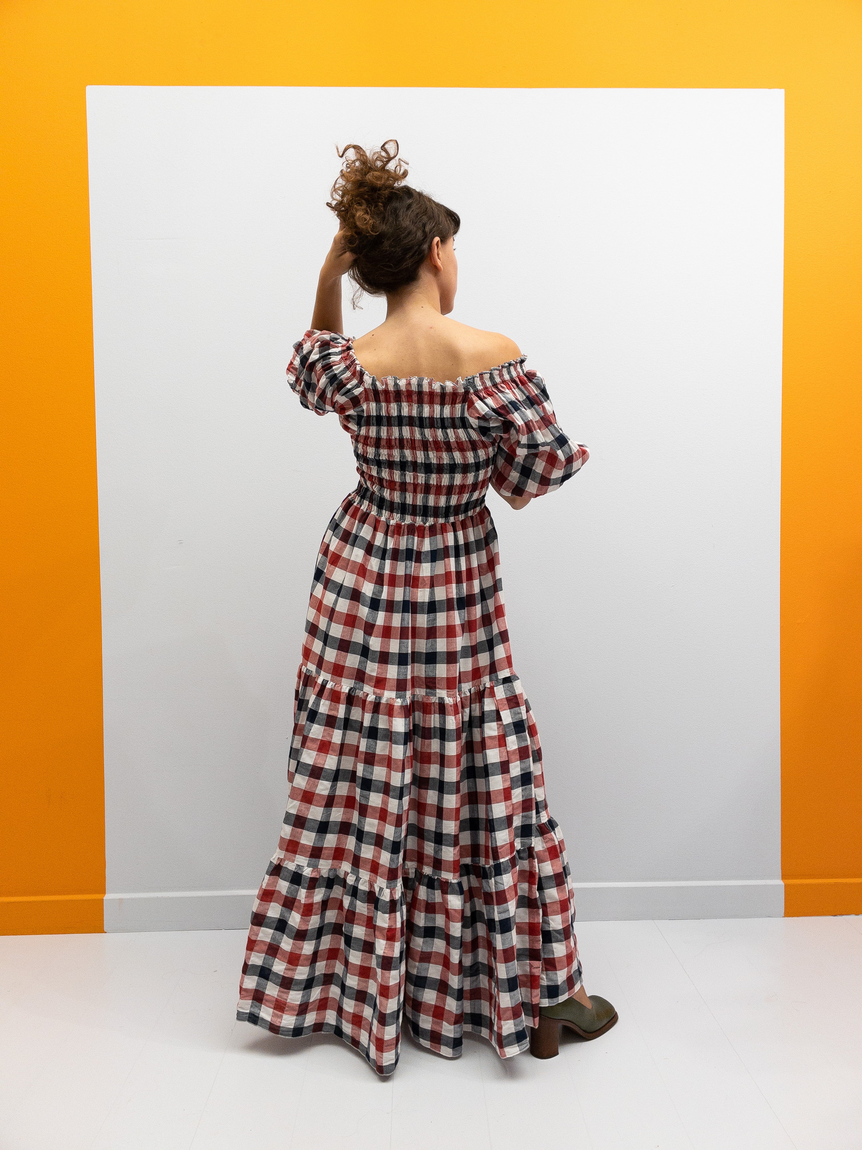 Off Shoulder Smock Dress - Rød/Sort/Hvide Tern