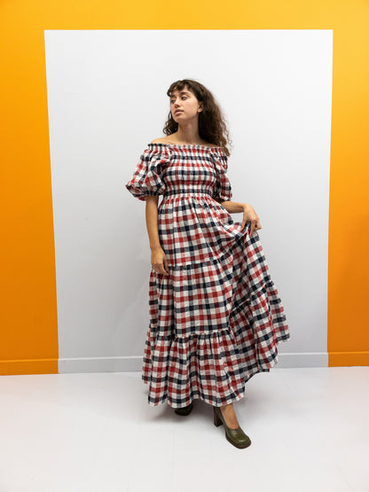 Off Shoulder Smock Dress - Rød/Sort/Hvide Tern