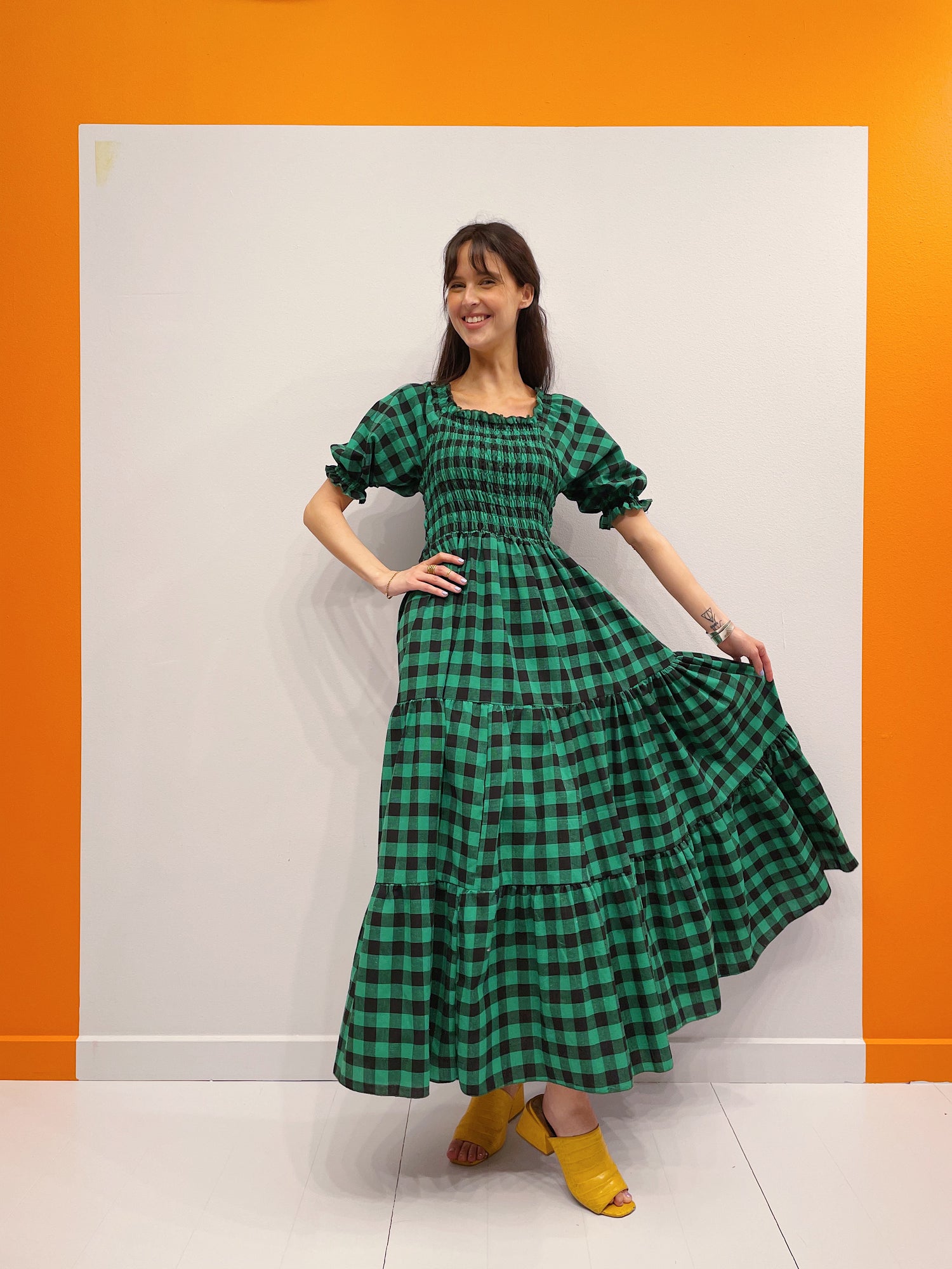 Off Shoulder Smock Dress - Grøn/Sort Tern