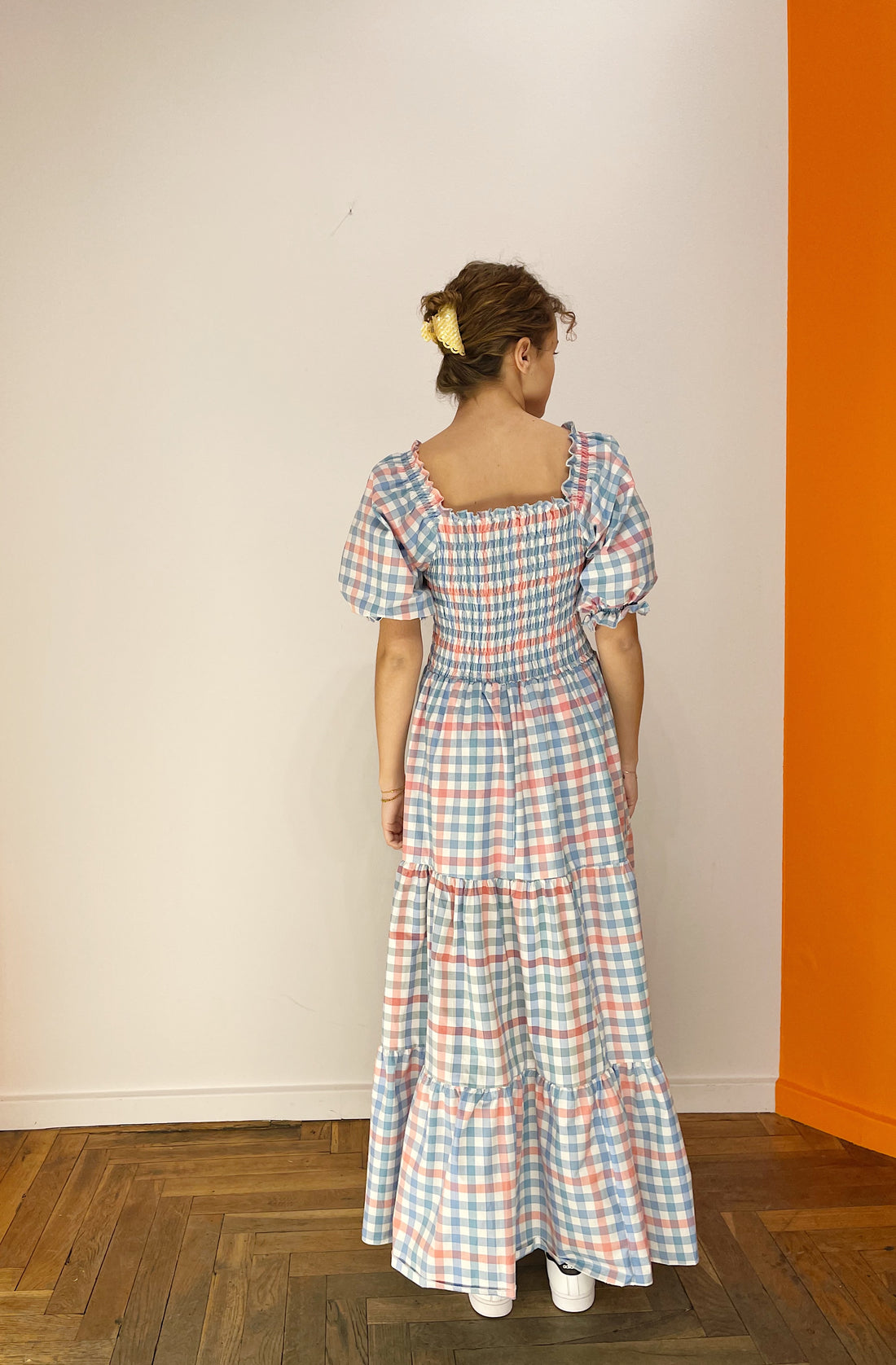 Off Shoulder Smock Dress - Blå/ Lyserød/ Hvid Tern