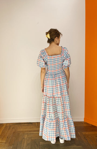 Off Shoulder Smock Dress - Blå/ Lyserød/ Hvid Tern