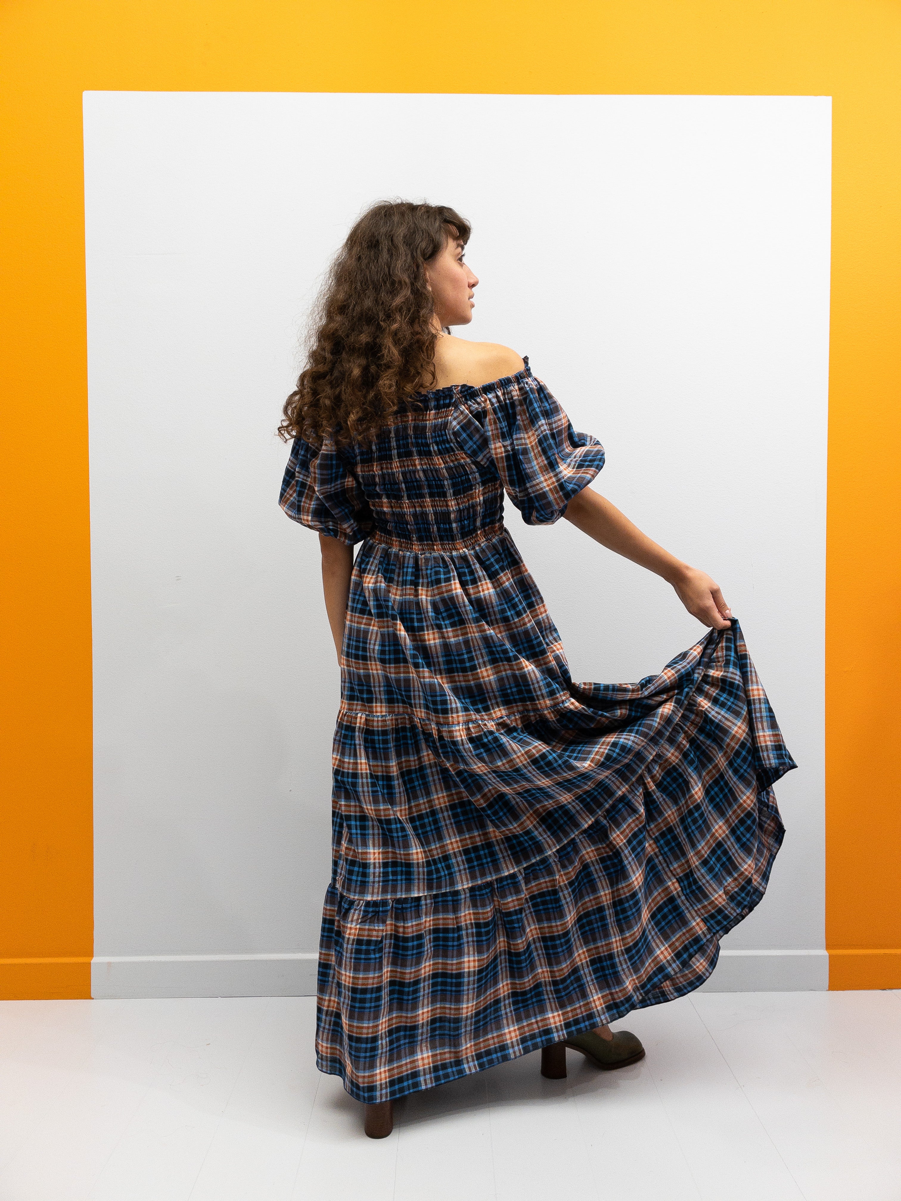 Off Shoulder Smock Dress - Blå/Brune Tern