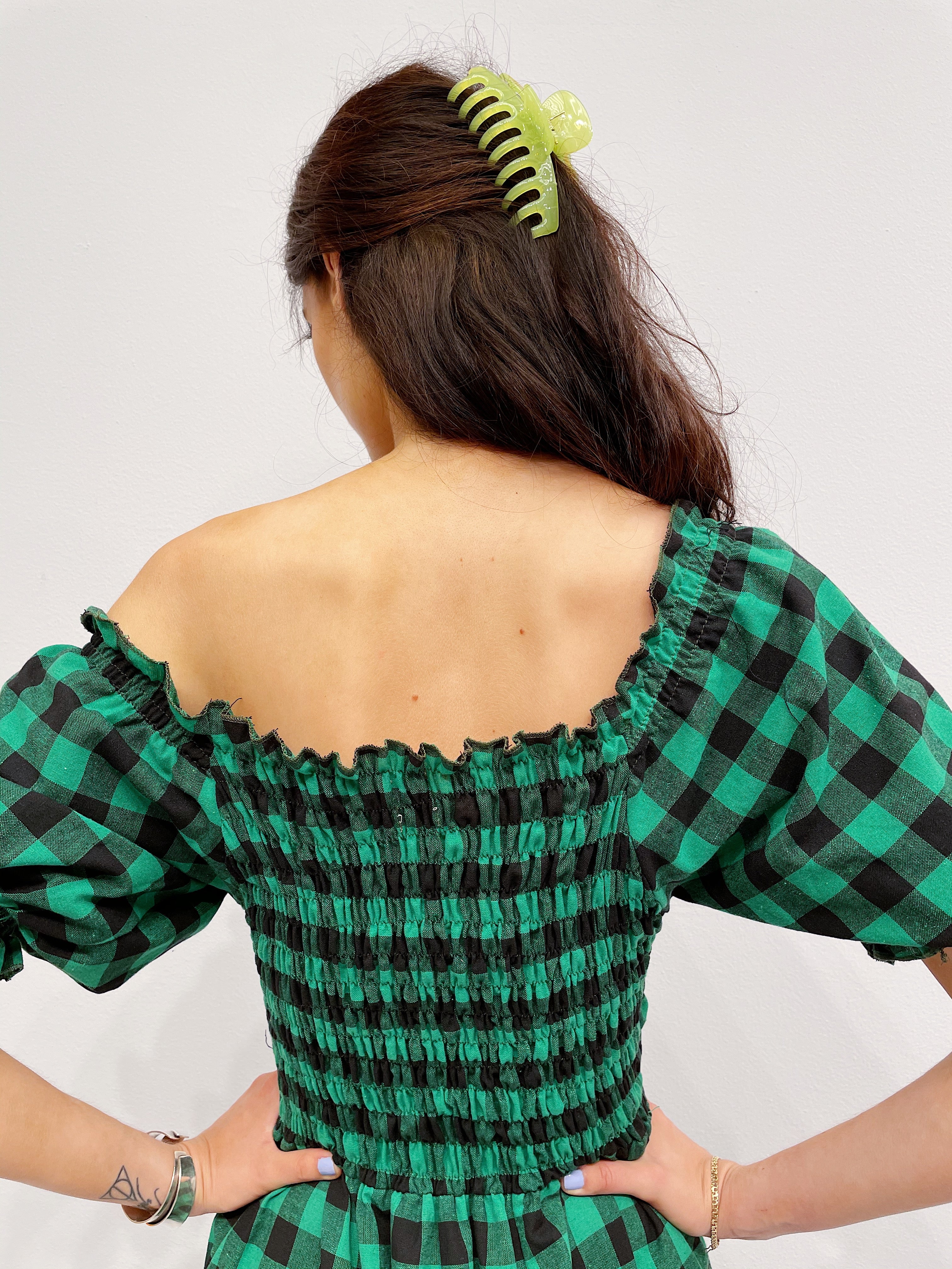 Off Shoulder Smock Dress - Grøn/Sort Tern