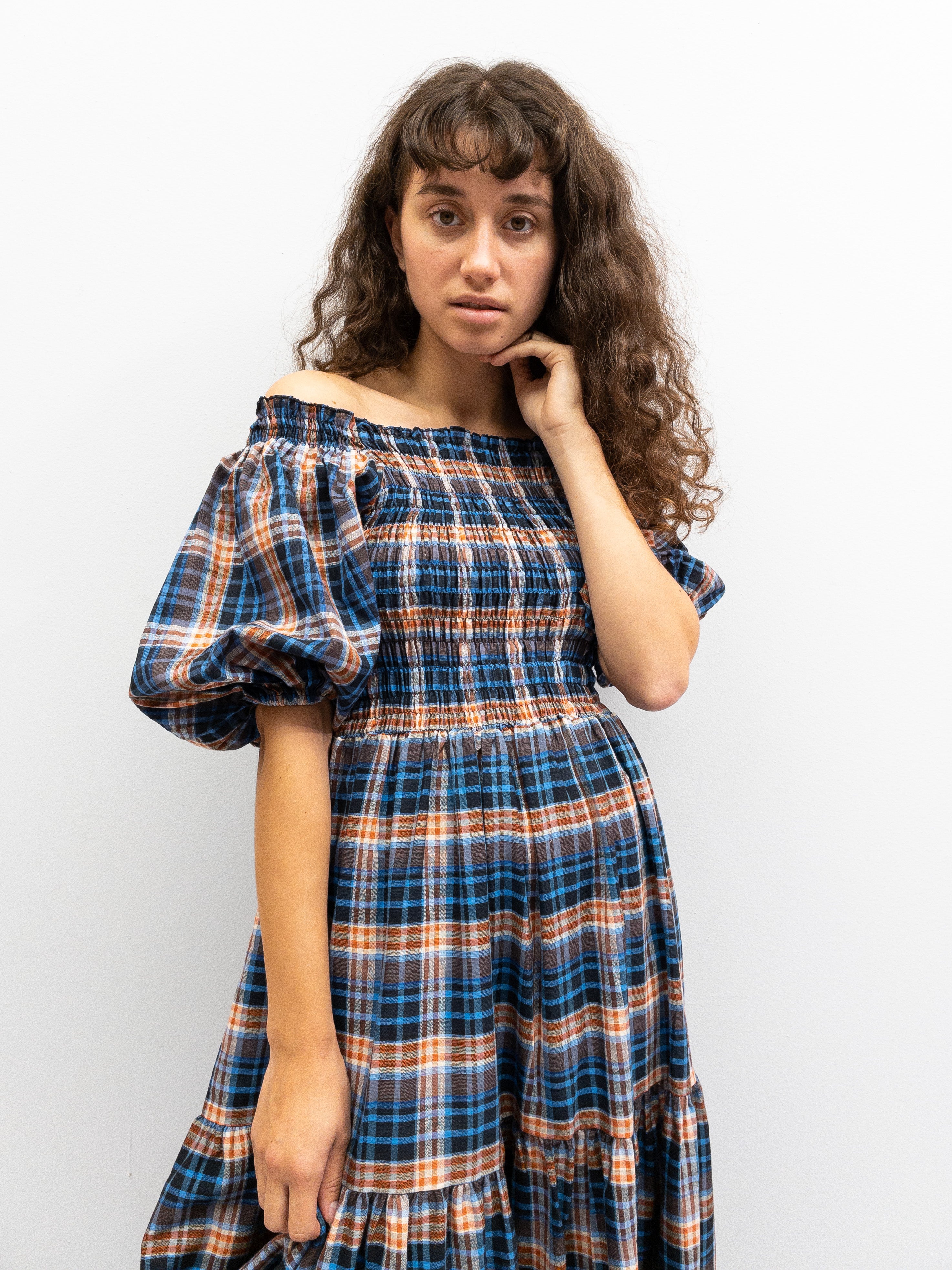 Off Shoulder Smock Dress - Blå/Brune Tern