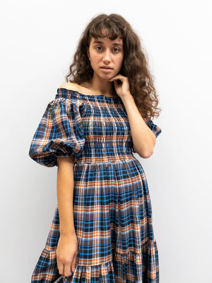 Off Shoulder Smock Dress - Blå/Brune Tern