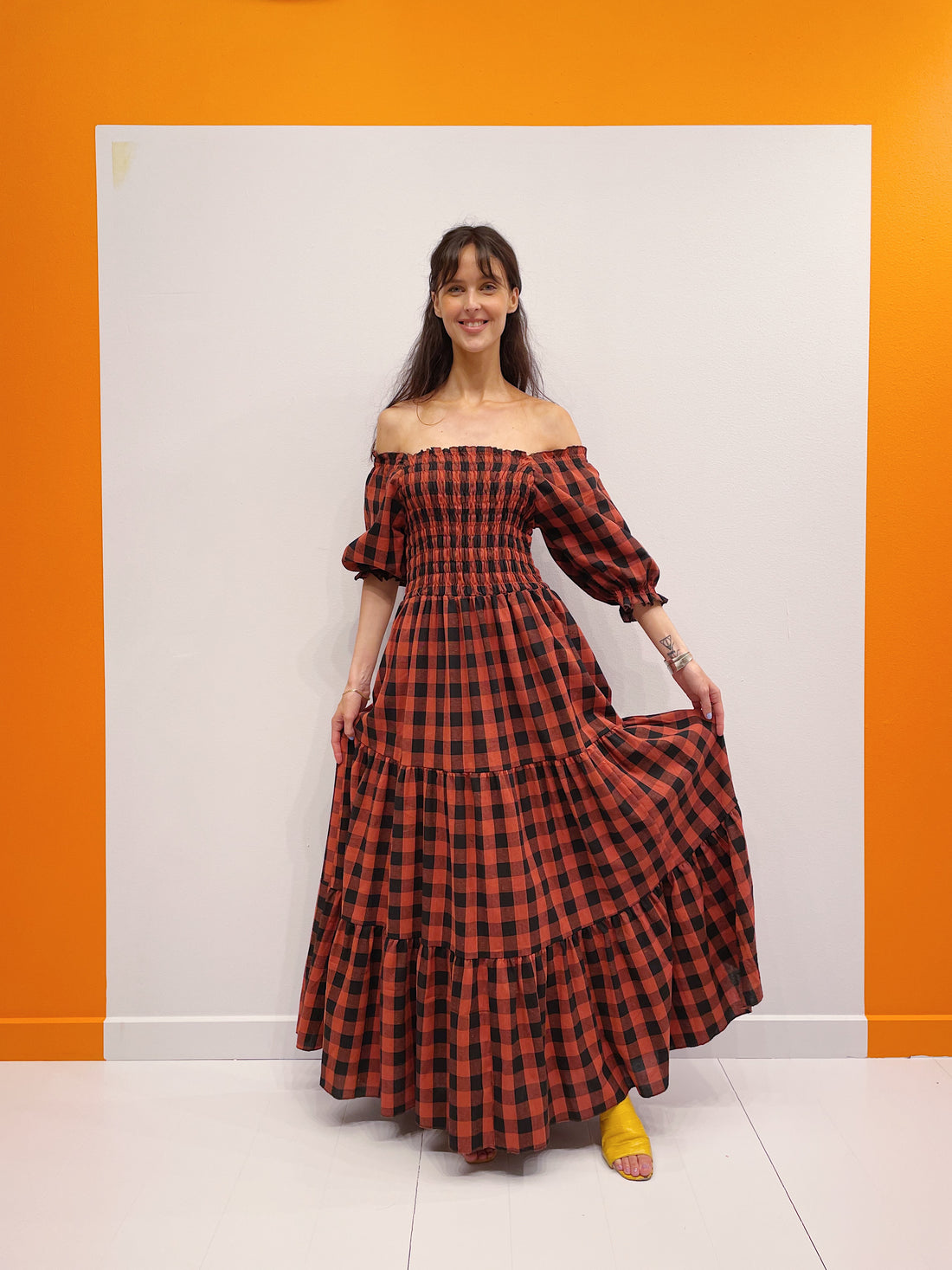 Off Shoulder Smock Dress - Orange/Sort Tern