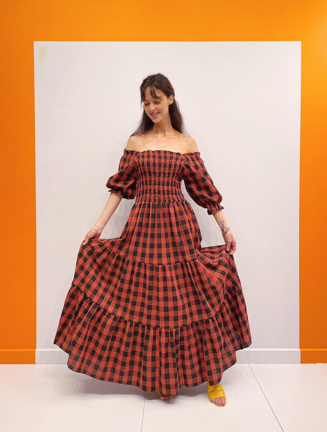 Off Shoulder Smock Dress - Orange/Sort Tern