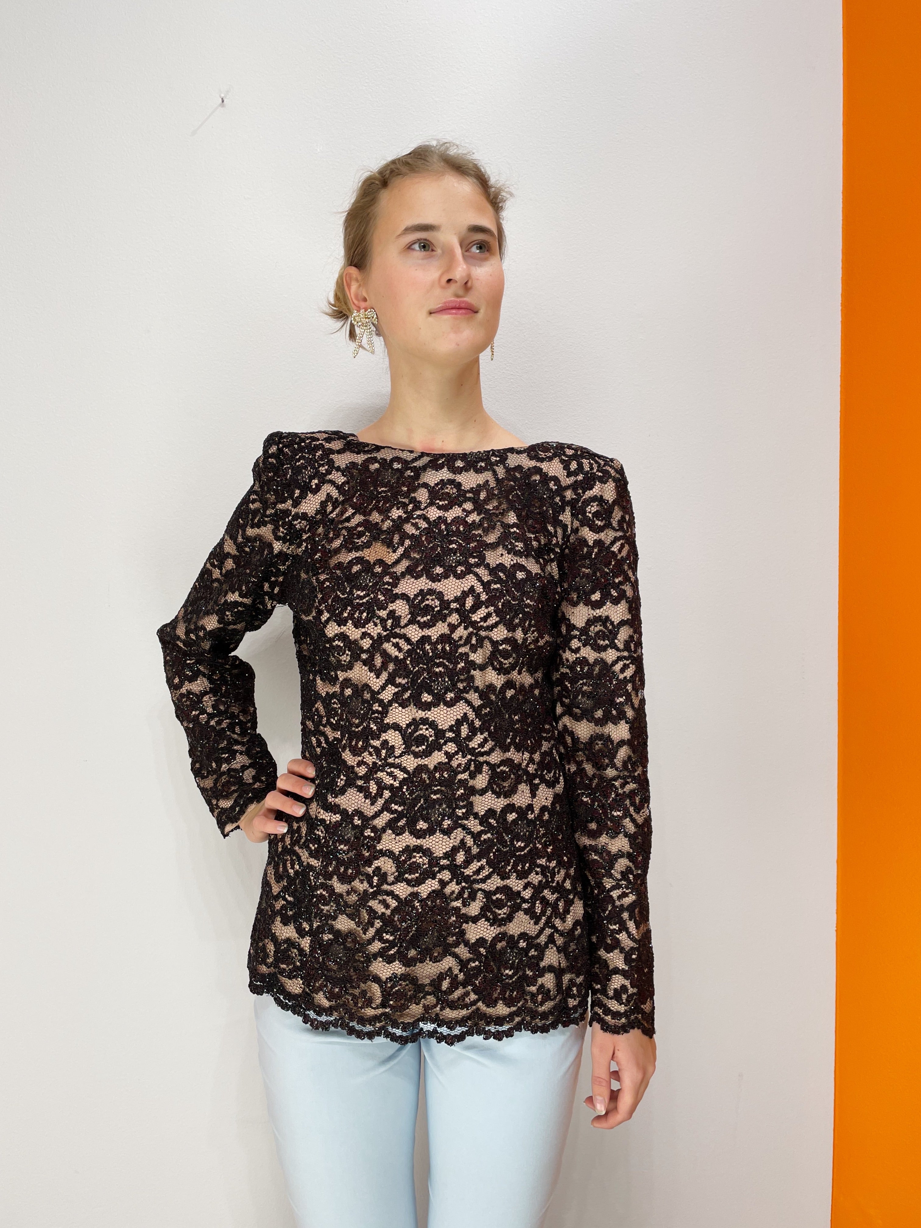 Vintage glitterbluse i blomstret blonde