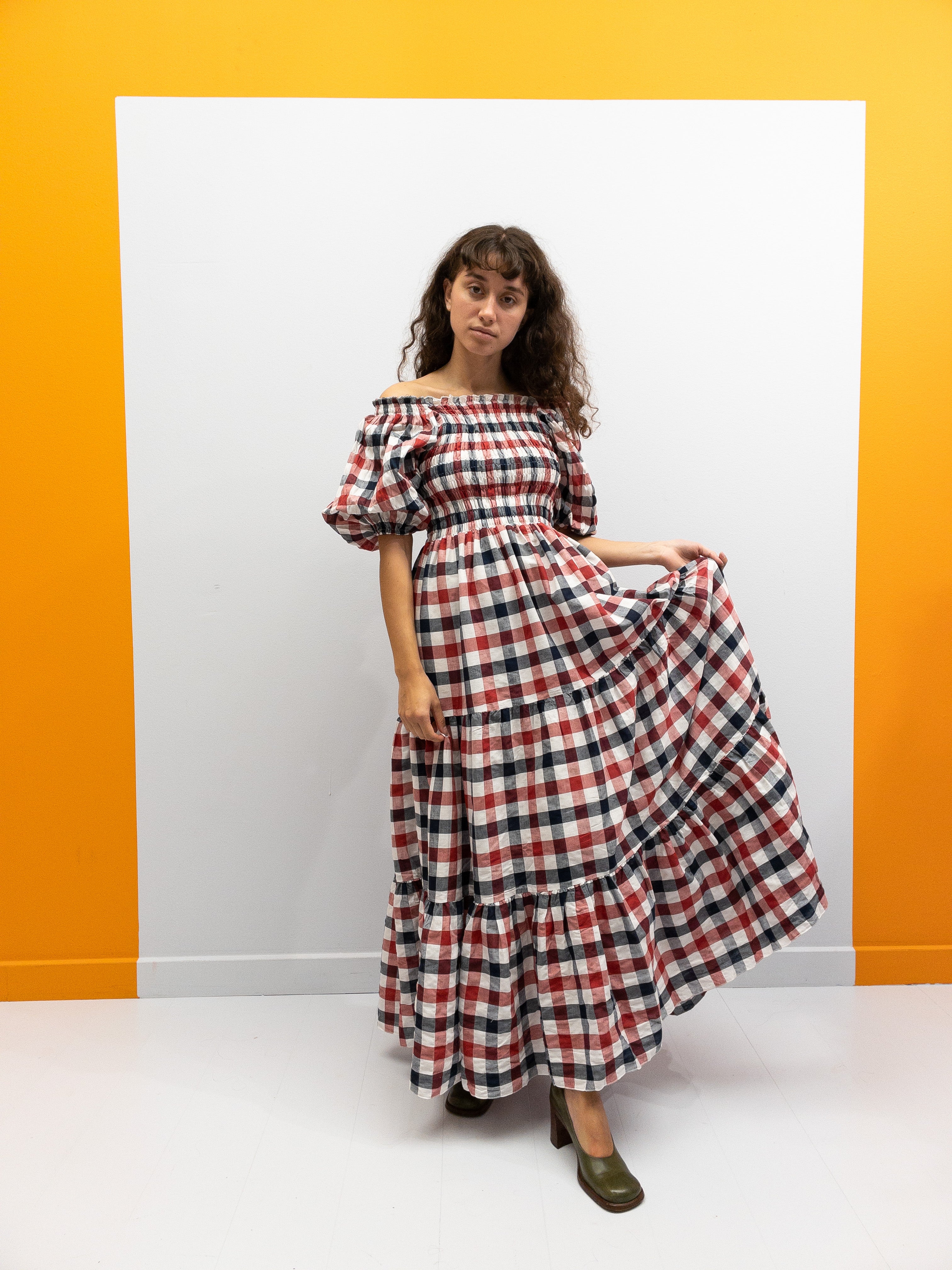 Off Shoulder Smock Dress - Rød/Sort/Hvide Tern