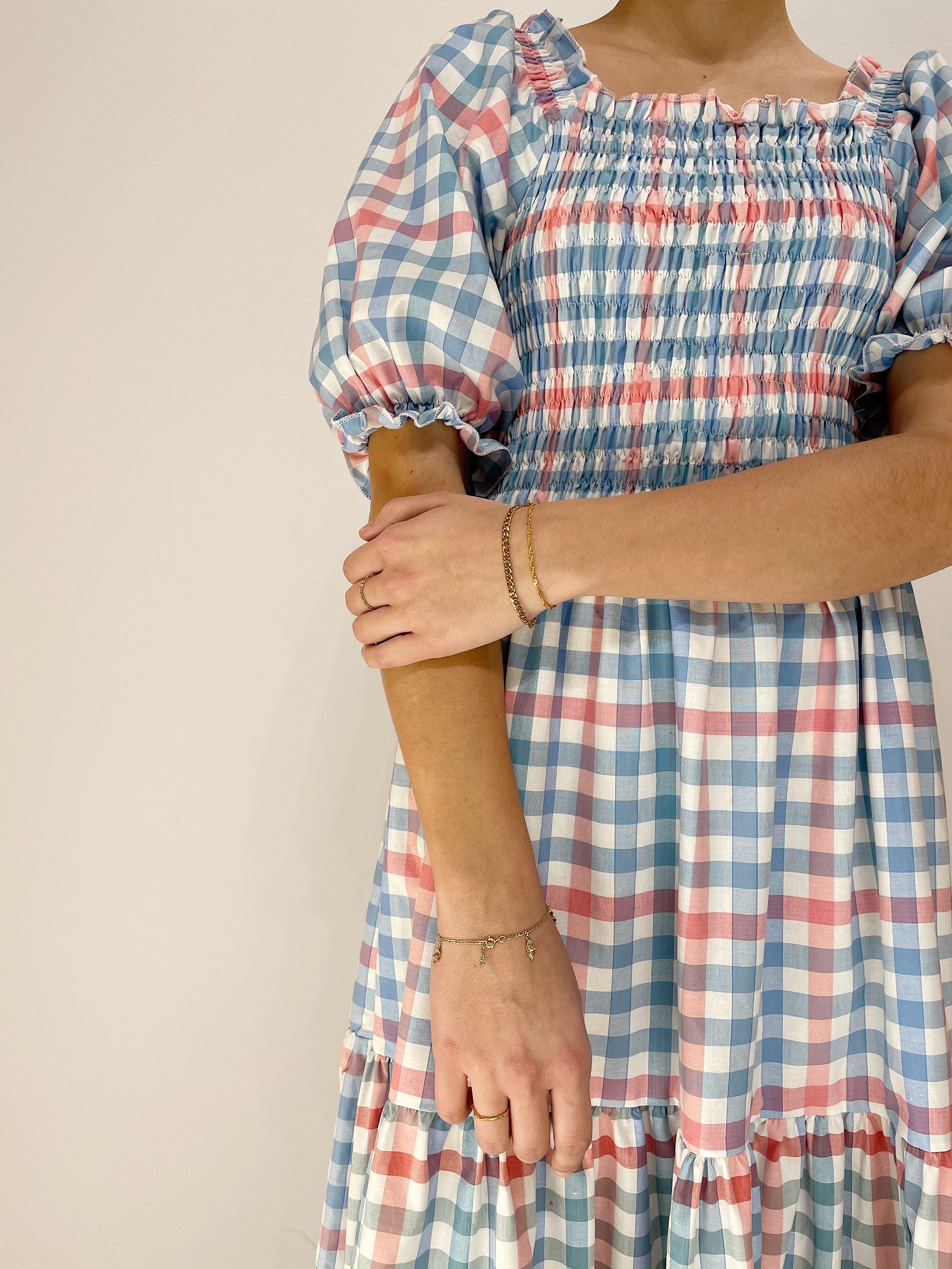 Off Shoulder Smock Dress - Blå/ Lyserød/ Hvid Tern