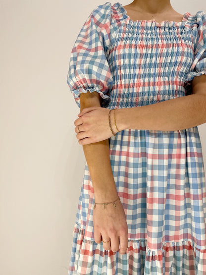 Off Shoulder Smock Dress - Blå/ Lyserød/ Hvid Tern