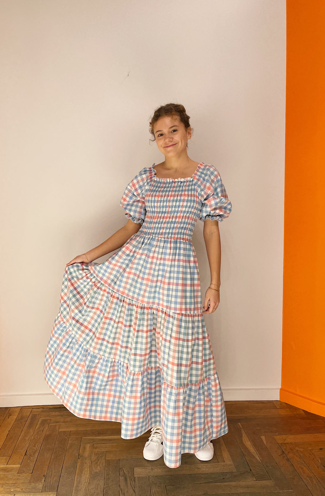 Off Shoulder Smock Dress - Blå/ Lyserød/ Hvid Tern