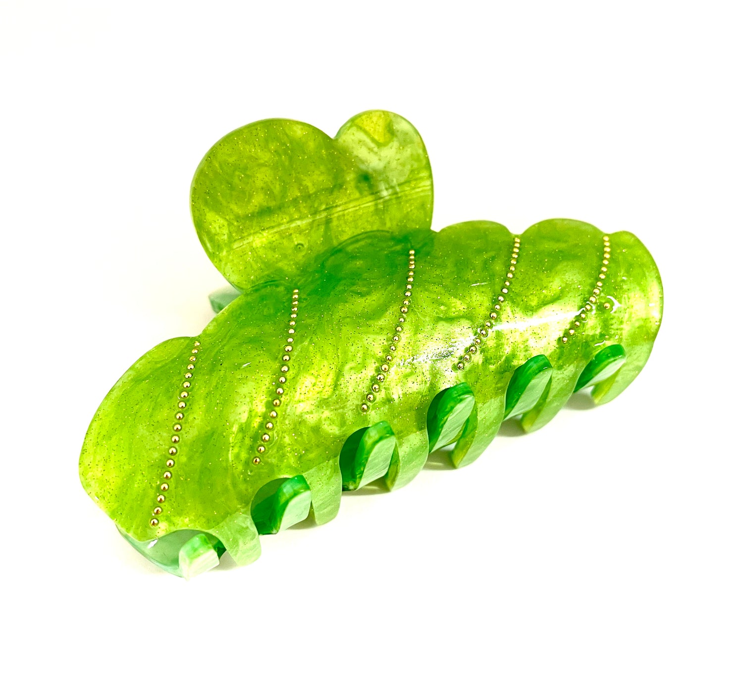 Gold Dot Hairclip - Green Glitter