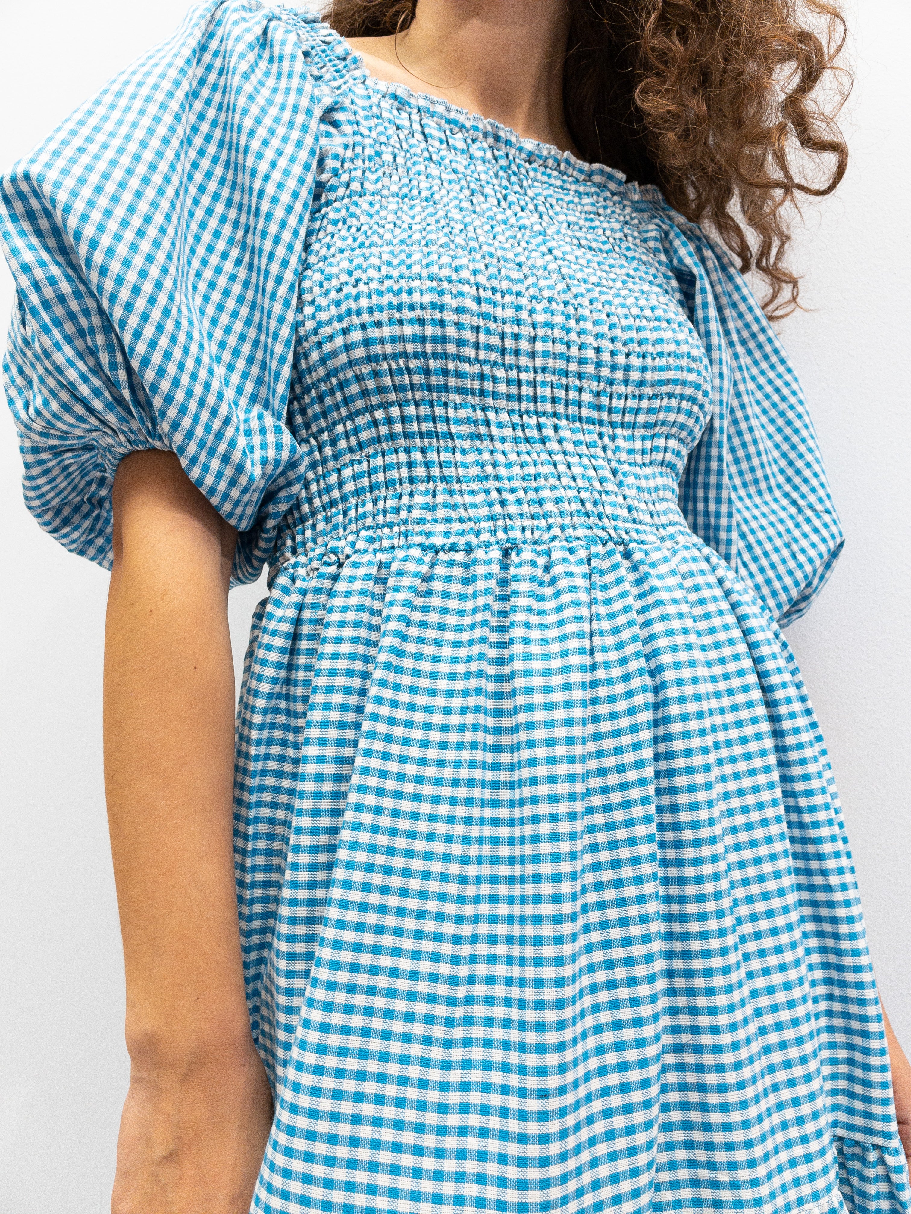 Off Shoulder Smock Dress - Lyseblå/Hvide Tern
