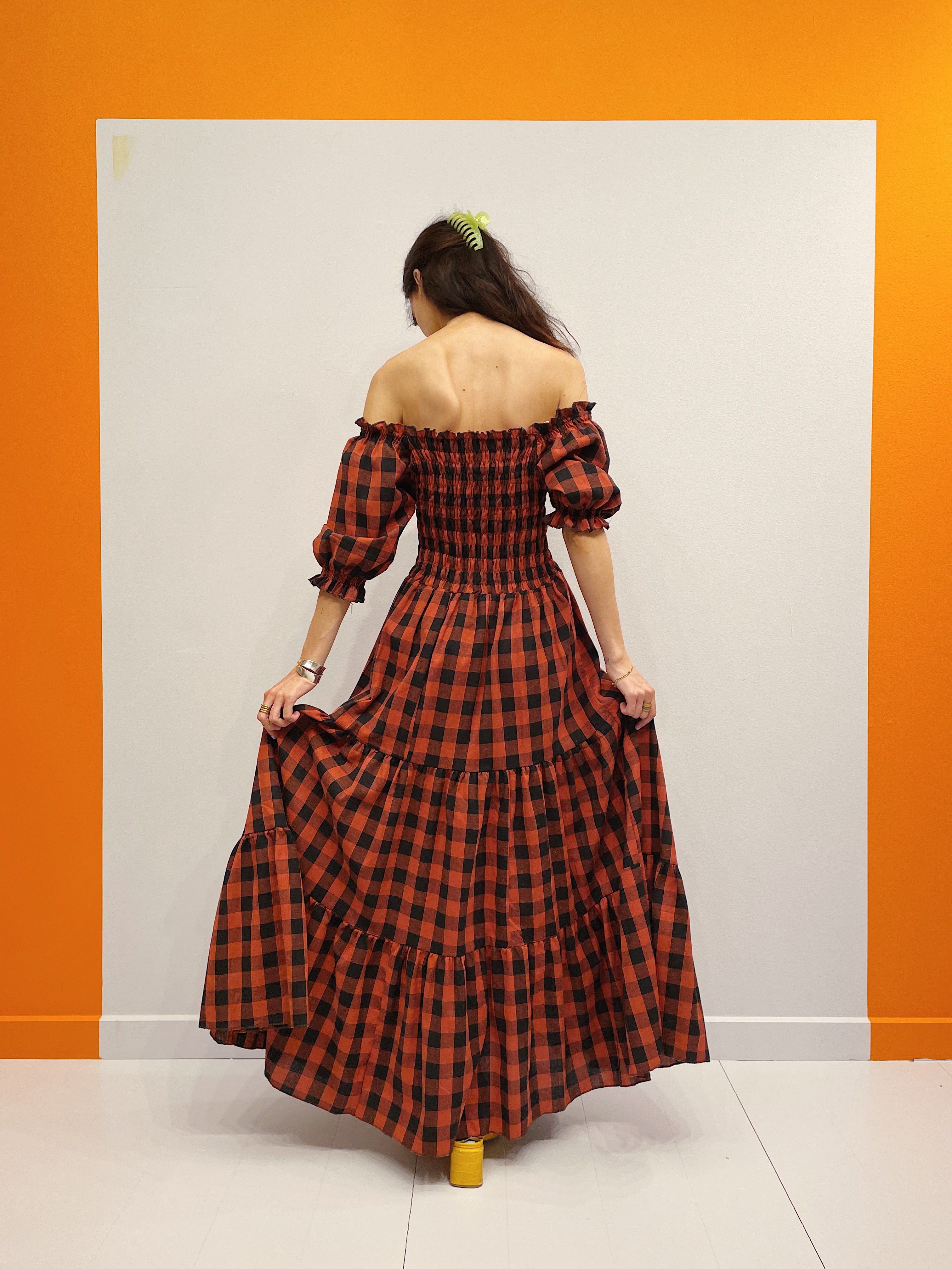 Off Shoulder Smock Dress - Orange/Sort Tern