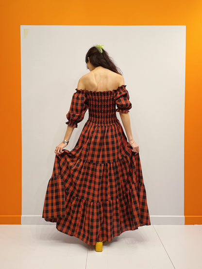 Off Shoulder Smock Dress - Orange/Sort Tern