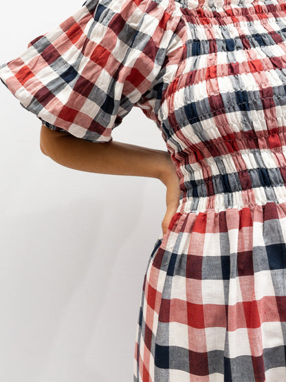 Off Shoulder Smock Dress - Rød/Sort/Hvide Tern