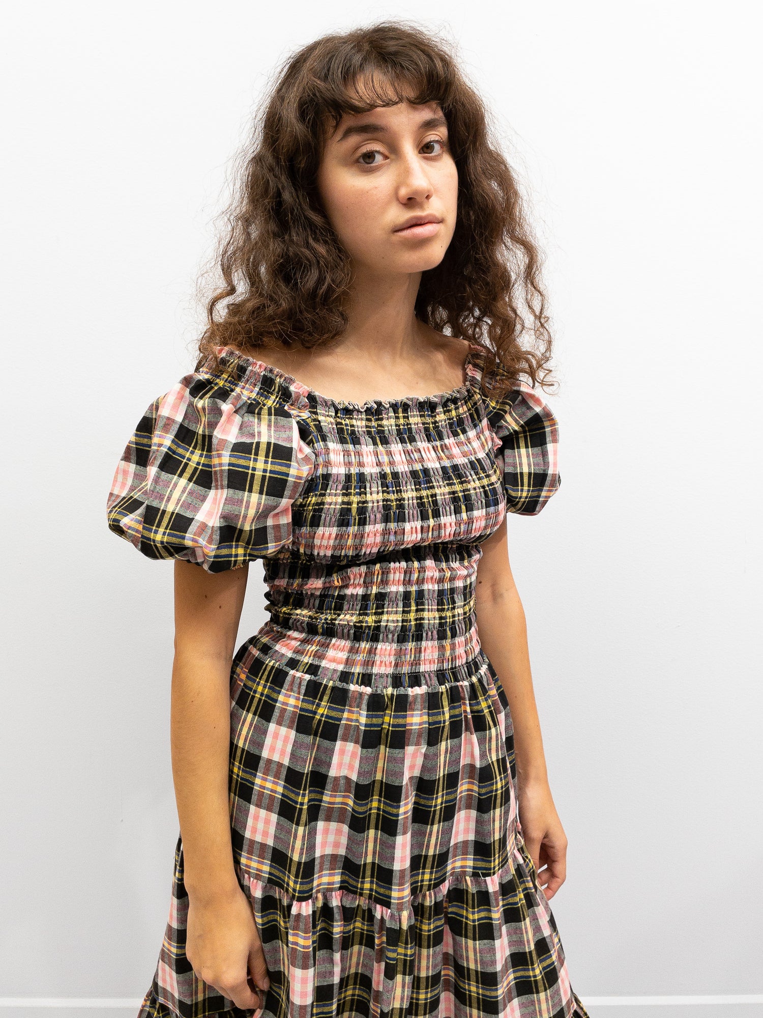 Off Shoulder Smock Dress Short - Lyserød/Gule Tern